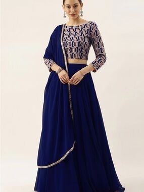 Navy Blue Sequin Embroidered Georgette Lehenga Set